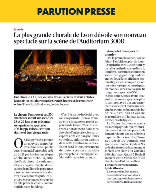 [PRESSE] 🗞
Un bel article dédié au nouveau spectacle du Chœur Tempose est paru  dans le journal de presse quotidienne Le Progrès - @leprogres.lyon 

💬 "La plus grande chorale de Lyon dévoile son nouveau spectacle sur la scène de l'Amphithéâtre 3000". 

💬 "Une chorale XXL, des solistes, des musiciens, et deux artistes lyonnais en collaboration : le Grand Chœur est de retour sur scène !"

Un grand merci à la journaliste Sylvie Sylvestre.

➡ Réservez vite vos places sur Tempose.fr ! 

⭐ OH HAPPY VOICES ! ⭐

😃 350 Choristes
🎶 4 musiciens live
🎙 Acoustique & A capella
🌍 Gospel & Musiques du monde

🌹 2 invités d'honneurs :
🌟 KOSH 🌟 Beatboxer - @koshofficiel 
🌟 Gyslain.N 🌟 Slameur - @gyslain.nofficiel 

📆 Samedi 28 juin 2025 | 20h30
📆 Dimanche 29 juin 2025 | 15h30
📍 L'Amphithéâtre 3000 | Lyon - @lamphitheatre3000 

🎟 Réservation : Tempose.fr (voir en bio)

Un spectacle inédit, co-produit par Tempose & Zoélie Production, qui mêle avec audace et harmonie Slam, Beatbox, Gospel & Musiques du monde !

@tempose_lyon | @zoelie_production 

#tempose #choeurtempose #zoelieproduction #concert #lyon #acapella #acoustique #beatbox #slam #chorale #choir #masschoir #gospel #musiquesdumonde #musicien #musique #musiquelive #choralconcert #choralsinging #choralmusic #choral #chantchoral